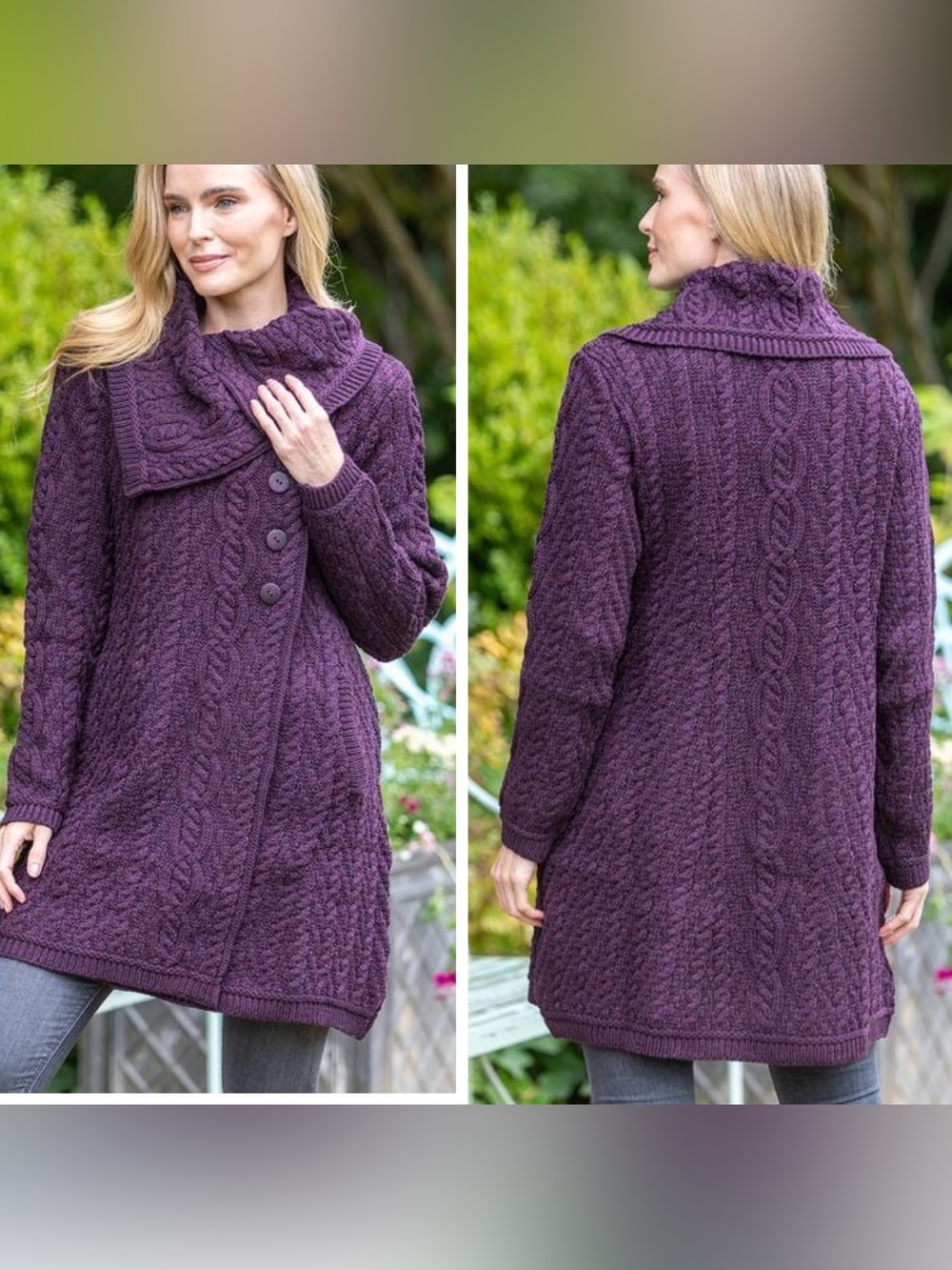 Aran Crafts Merino Wool Aran Coatigan Damson Irish Wool Purple sz Small